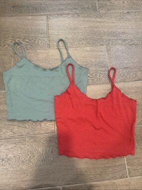 SHEIN Ribbed Lettuce-Edge Camisole Set in Red and Sage